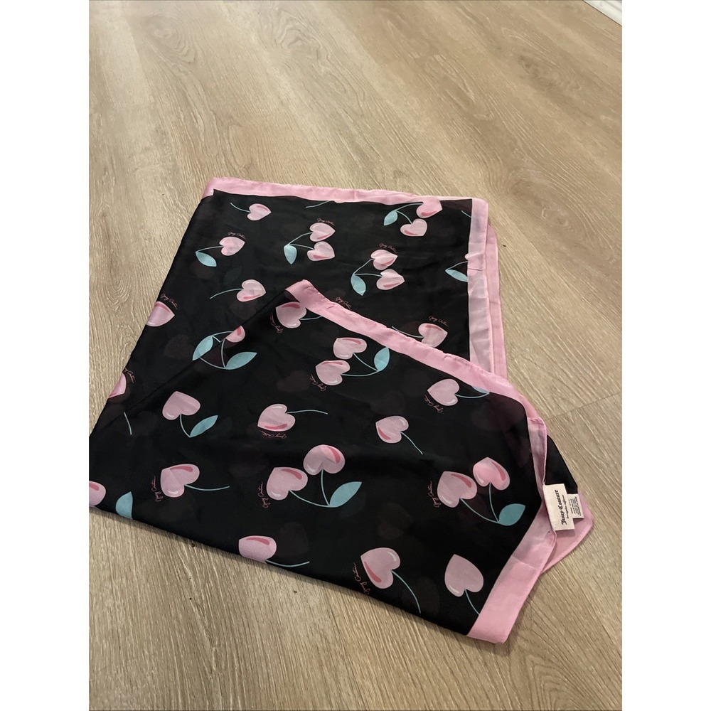 Juicy Couture 100% Polyester Square Scarf Black With Heart Shaped Cherry H65